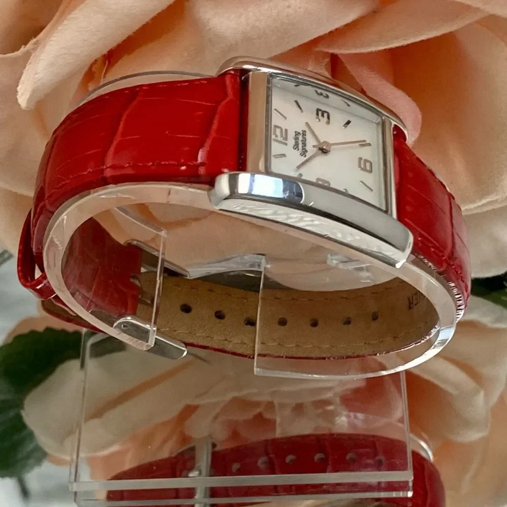 Sterling Signatures 925 Silver Tank Style Watch Mother of Pearl Dial Red Leather - Picture 5 of 16